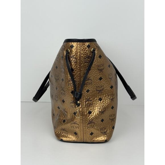 MCM Metallic Visetos Medium Shopper Tote Bag Gold Leather - Picture 3 of 16